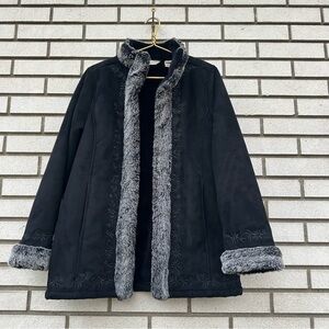 Vintage LL Bean Faux Suede Black Coat Gray Faux Fur Trim Floral Embroidery